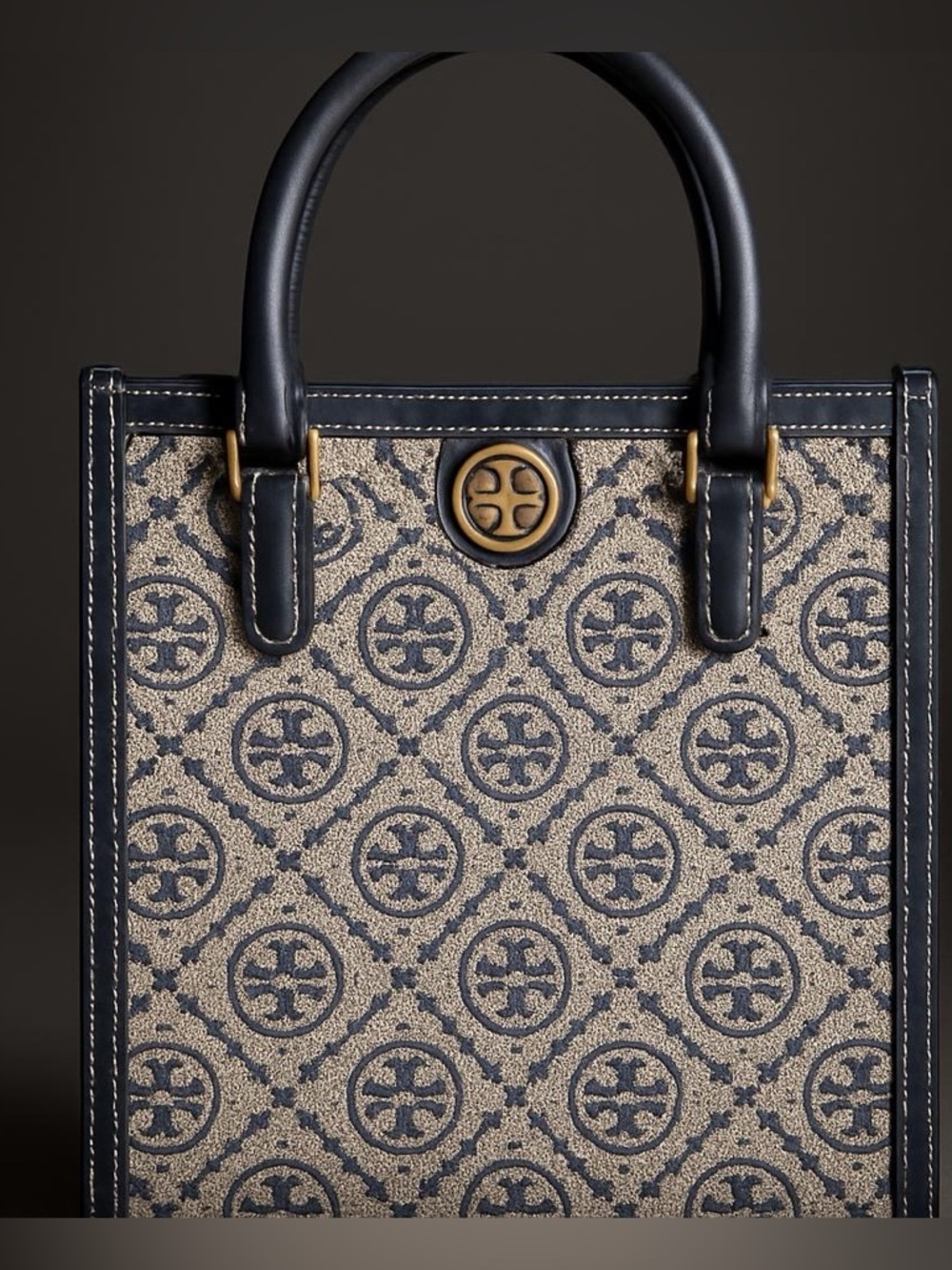 Tory Burch T Monogram Jacquard Mini Tote, featuring a structured blue and cream.